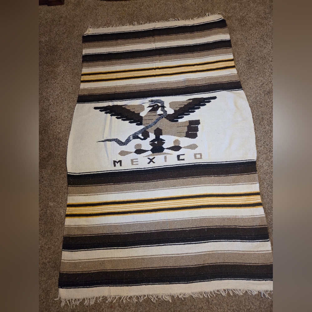 Woven Mexican Mexico Aztec Tapestry Blanket Bird Snake Coat Of Arms Throw 79x48"